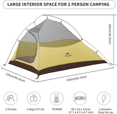 Намет Naturehike Cloud Up 2 Покращений, ультралегкий, двошаровий, для 2 осіб, 3-4 сезони, для кемпінгу та туризму