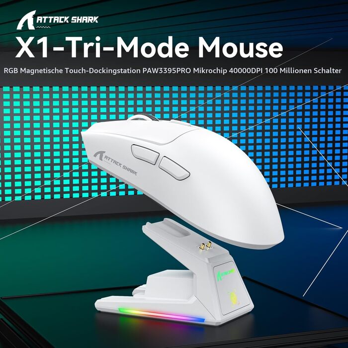 Ігрова бездротова миша Attack Shark X1 з RGB док-станцією, сенсором PixArt PAW3395PRO, 40000 DPI, вага 53г, підтримка BT/2.4G/Wired для Windows, Mac, Xbox, PS (Білий/Червоний)