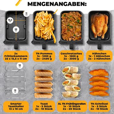 Подвійна аерофритюрниця Stillstern 8 л, 2400 Вт, 8 програм, Shake-функція, 80-200°C, для 1-8 осіб, дегідрація, розморожування, підтримка тепла, 120 рецептів, чорна