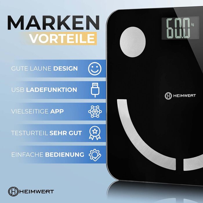 HEIMWERT Розумна вага для аналізу складу тіла з Bluetooth, USB-акумулятором, цифрова, тестована, переможець тесту, вага для людей