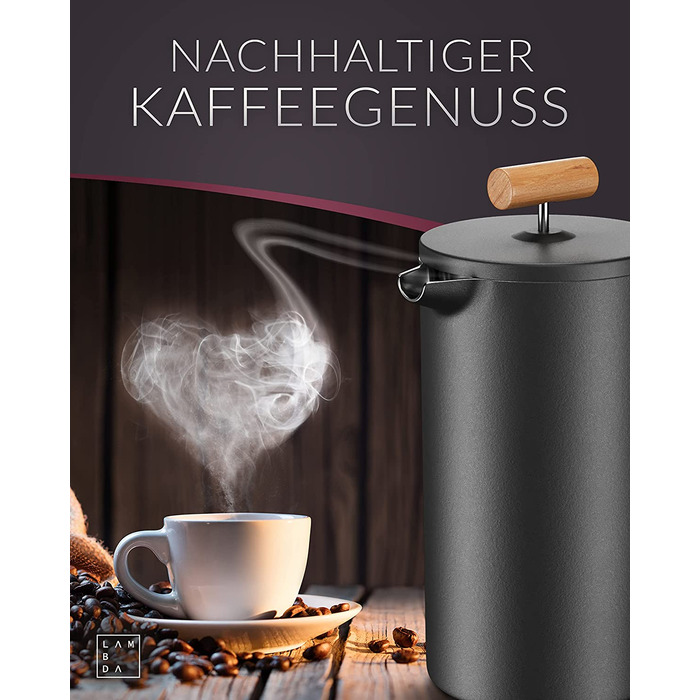 Френч-прес для кави Lambda Coffee, термостійкий, подвійні стінки, 0,6 л (3 чашки), нержавіюча сталь, чорний
