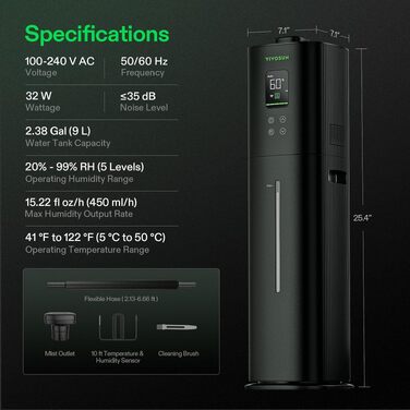 Зволожувач повітря VIVOSUN AeroStream H09 9л Smart для рослин з пультом, VPD контролем, ультразвуковий, 360° холодний пар, Top-Fill
