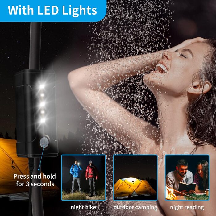 Портативний душ Koopsmate з LED-ліхтарем та знімною батареєю для кемпінгу, насос для води з відра, душова насадка для подорожей, помаранчевий