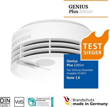 Датчик диму Hekatron Genius Plus з батареєю на 10 років – Тест-переможець Stiftung Warentest – Зроблено в Німеччині – з клейкою підкладкою – з підтримкою додатку – 1 шт.