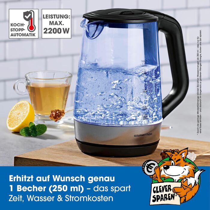 Електричний чайник зі скла GOURMETmaxx з LED підсвіткою, швидким закипанням, фільтром від накипу, об'ємом 1,7 л, потужністю 2200 Вт