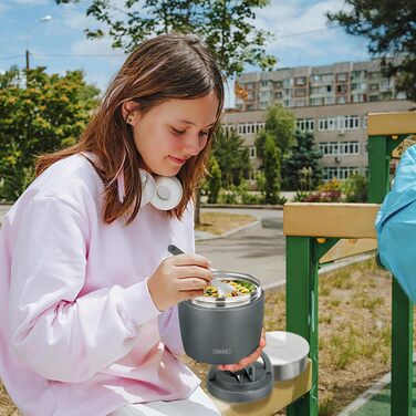 Термоконтейнер для їжі Itslife 970мл, термоконтейнер з кришкою, з нержавіючої сталі з ложкою, термотермос для їжі, ланчбокс для супів, дитячого харчування, каші (зелений, сірий)