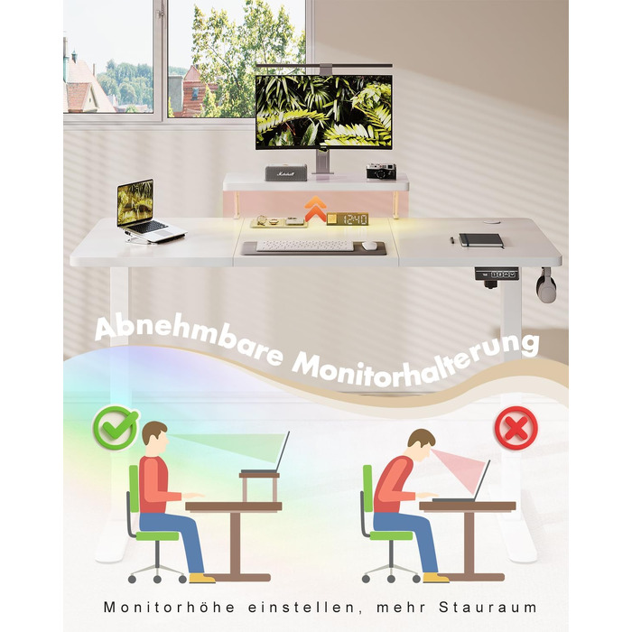 Регульований по висоті письмовий стіл Airfish 120x60 см з підставкою для монітора, білий