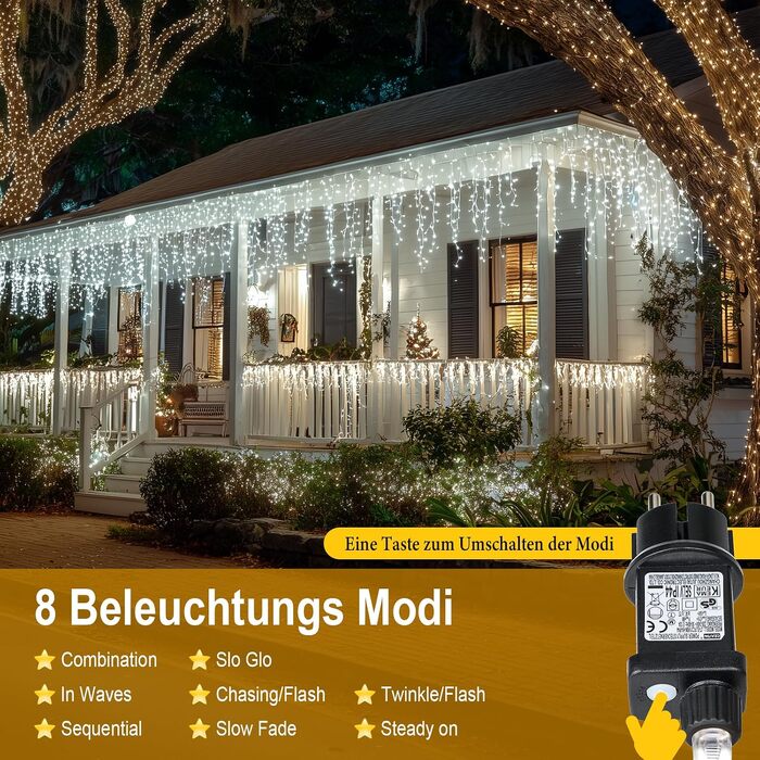 Світлодіодна гірлянда-завіса Eisregen 624 LED (5м), біле світло, водонепроникна IP44 з таймером та 8 режимами для вулиці та дому