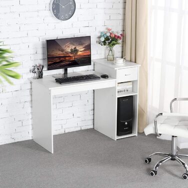 Стіл для комп'ютера Yaheetech 112x82x50 см, білий, з висувною шухлядою та 2 полицями з МДФ, офісний письмовий стіл