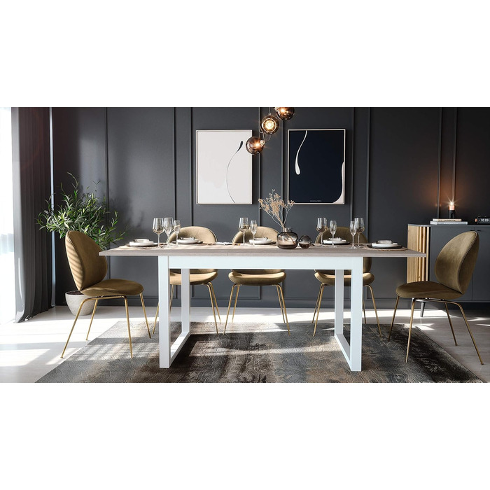 Розсувний обідній стіл Newfurn 160-200 см, білий із стільницею під піщаник, сучасний скандинавський стиль, для кухні та вітальні