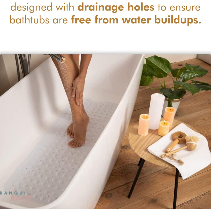 Протиковзкий килимок для ванни TranquilBeauty 100x40 см, антигрибковий, машинне прання, без латексу, для дітей та літніх, білий