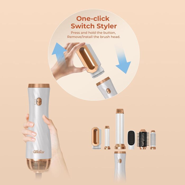 UKLISS Hairstyler 6 в 1: Професійний фен-щітка з насадками для укладки волосся 1000 Вт, повітряна щітка, мультистайлер, білий (золотий)