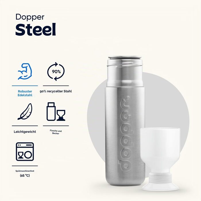 Сталева пляшка для води Dopper 450 мл, сіра — герметична спортивна фляга з нержавіючої сталі 18/8, без BPA, для спорту, офісу та активного відпочинку