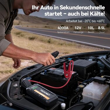 Бустерний пускач TECKNET 4000A 12V для автомобіля (бензин до 10л, дизель до 8л) з USB-портом та LED-ліхтарем, чорний