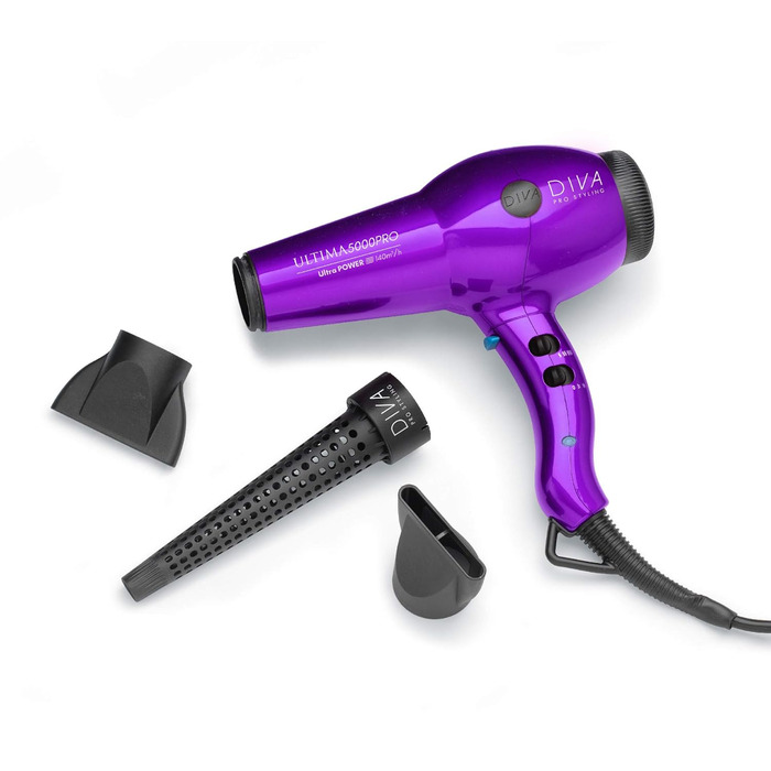 Фен для волосся DIVA Pro Styling Ultima 5000 Pro, 2200 Вт, 4 режими нагріву, 2 швидкості, функція холодного повітря, фіолетовий