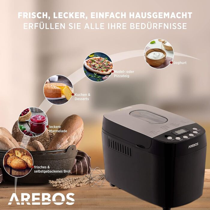 Хлібопечка Arebos 1500г | 15 програм | Таймер | LCD дисплей | 850 Вт | Чорний