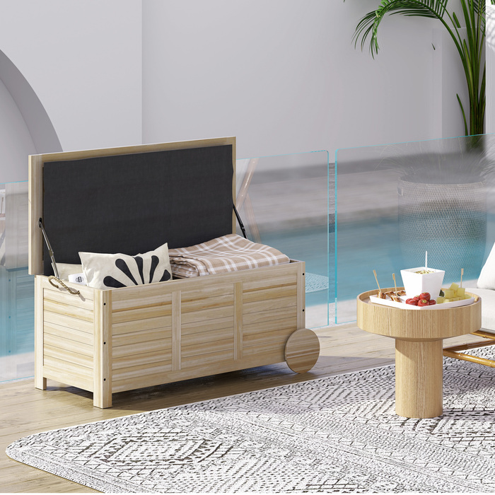 Outsunny Cushion Box 185 л Водонепроникний садовий ящик з колесами Дерев'яна погодостійка УФ-стійка подушка Коробка для зберігання Садова скриня для відкритого саду Балкон з натурального дерева