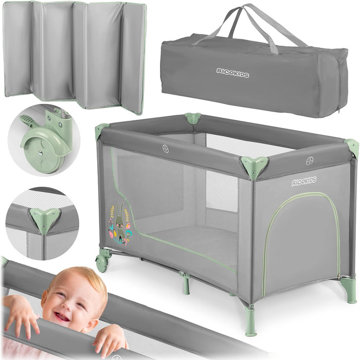 Дитяче ліжечко-манеж Ricokids, складне, з матрацом, 125x65x78 см, 15 кг, дві колеса з гальмами, знімний бічний вхід, сумка, світло-сірий та м'ятний колір