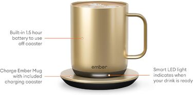 Розумна чашка Ember Smart Mug 2 295 мл із регулюванням температури, управлінням через додаток, акумулятором на 1,5 години, LED-дисплеєм, заряджається, оновлений дизайн, золота