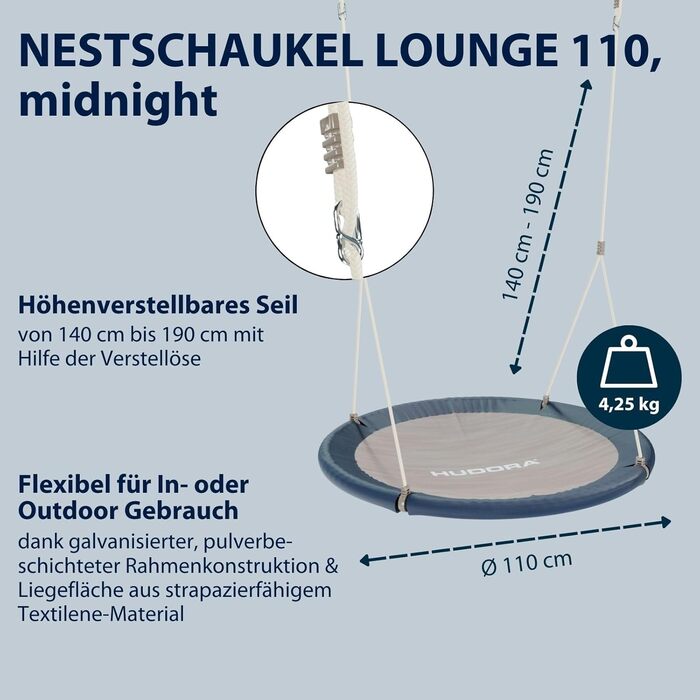 Шоукель HUDORA Nestschaukel Lounge - регульована висота, діаметр 90/110 см, до 150 кг, закрита сидіння, сімейна для дому та саду (Midnight, 110 см, Single)
