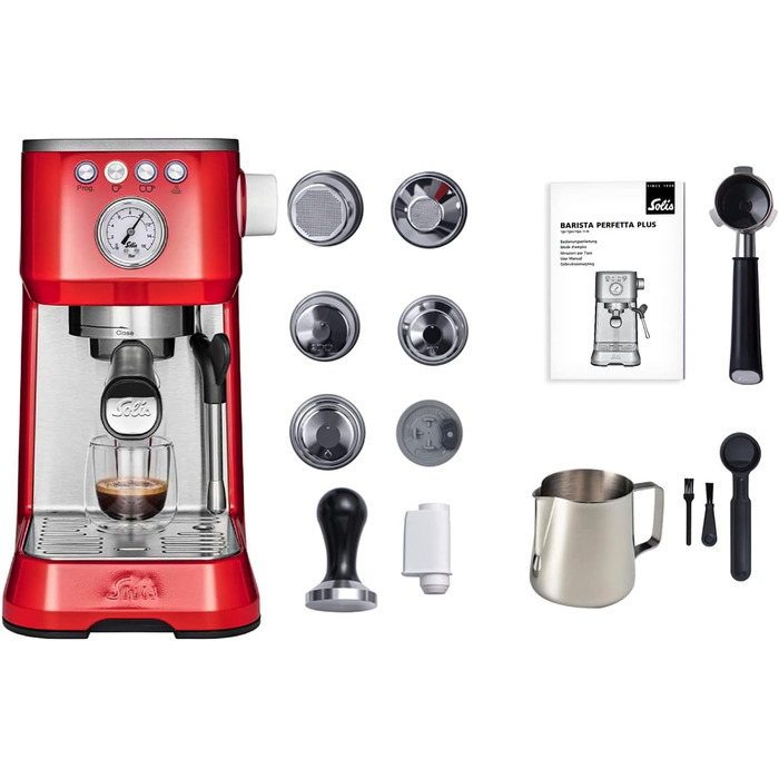 Еспресо-машина Solis Barista Perfetta Plus 1170, професійна ріжкова кавоварка з манометром, паровою та гарячоводною насадкою, температурним регулятором, 54 мм холдером, подвійним носиком, червона