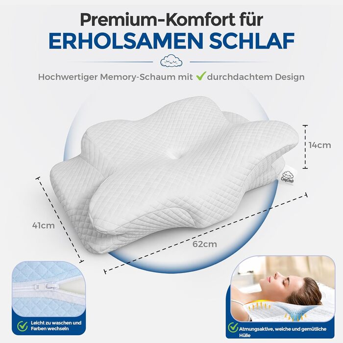 Ортопедична подушка для шиї та голови з ефектом пам'яті (Memory Foam) у формі метелика, ергономічна подушка для сну на боці та спині зі знімним чохлом, колір Alpine White