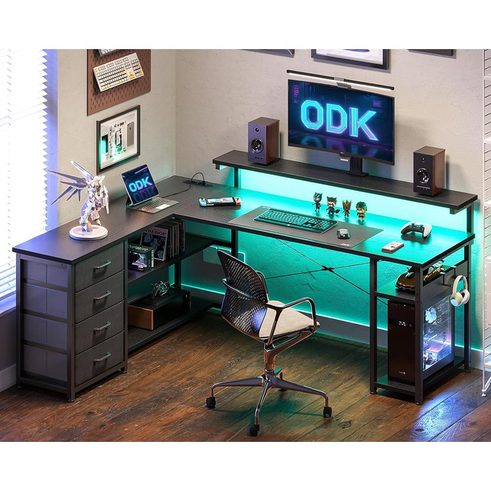 Кутовий письмовий стіл ODK з висувними шухлядами, LED підсвіткою, розетками та USB, для домашнього офісу, чорний, 155×110 см