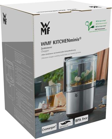 Подрібнювач WMF Küchenminis Cromargan матовий, компактний електричний подрібнювач з однією кнопкою, контейнер 0.3л, 65 Вт, пластик