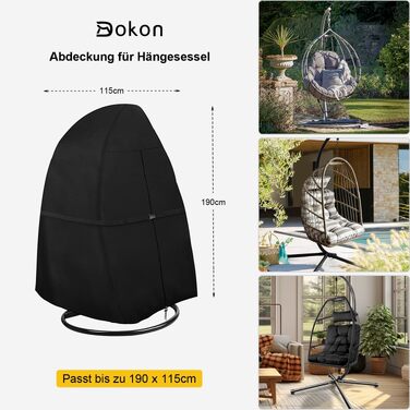 Чохол для підвісного крісла Dokon водонепроникний, 420D Oxford, захист від UV, вітру, з блискавкою та шнурком, 190x115 см, чорний