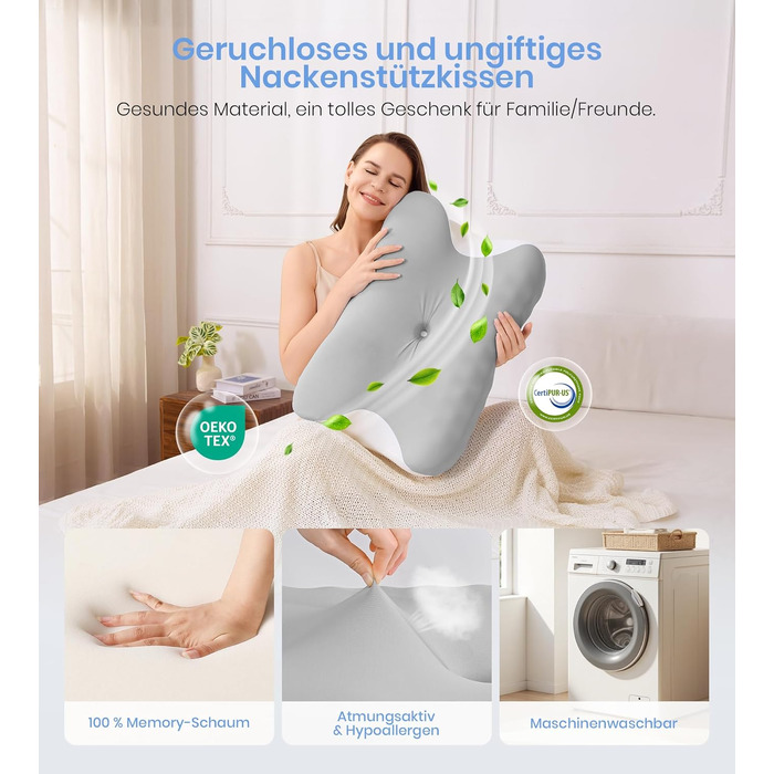 Ортопедична подушка з піни Memory Foam 2-в-1, 60x41.5x10/12 см, біла/сіра - для сну на боці, спині, животі