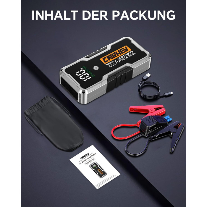 Бустерний пускач CARHEV 7000A для авто 12В (до 10.0L бензин/дизель), Powerbank з QC 3.0 USB та LED-ліхтарем