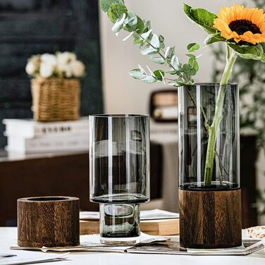 Скляна ваза-циліндр Blumenvase, сучасна, ручної роботи, прозора, з дерев'яною основою, для квітів і рослин, декор для дому та офісу, подарунок на весілля чи новосілля, 31 см, сіра