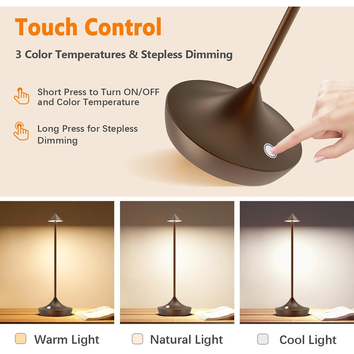 LED-лампа Hapfish на акумуляторі, 2 шт., бездротова, регульована яскравість, водонепроникна, для дому та вулиці, браун