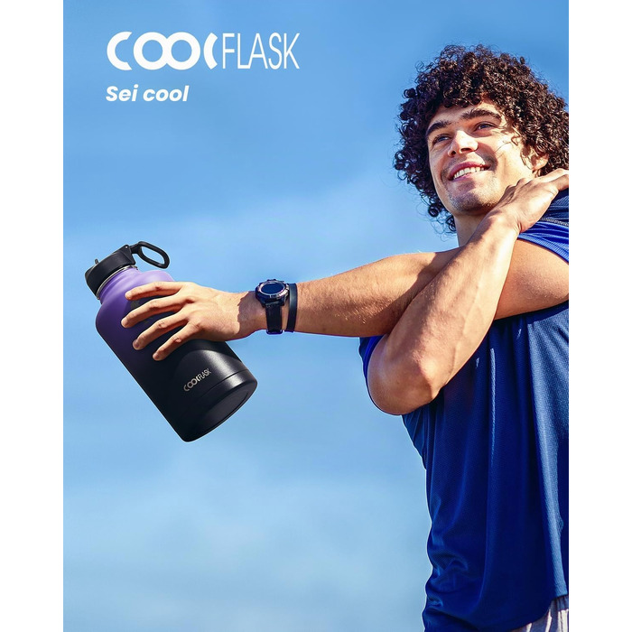 Термобутилка Coolflask з соломиною та 3 кришками, сталева ізольована пляшка для води 2Л для спорту та офісу, герметична, Фіолетовий/Чорний