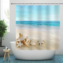 Душова завіса YISURE 180x200 см, океан, морські зірки, мушлі, текстиль, антипліснява, машинне прання, блакитна