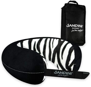 Подушка для подорожей SANDINI TravelFix Slim, плюш, ергономічна підтримка, з чохлом, зебра, преміум якість, зроблено в ЄС