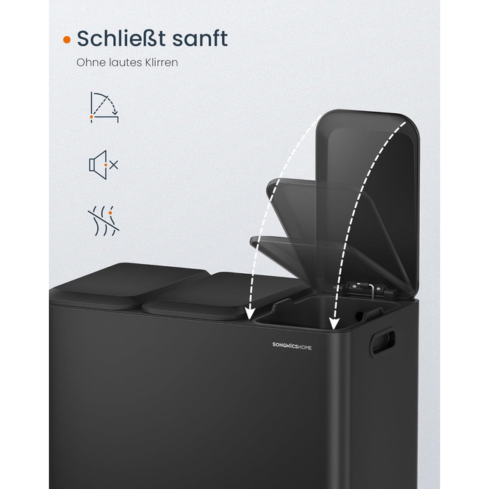 Сортувальний смітник SONGMICS HOME для кухні, 3×15 л, з кришками, кольоровими педалями та внутрішніми контейнерами, чорний сталь