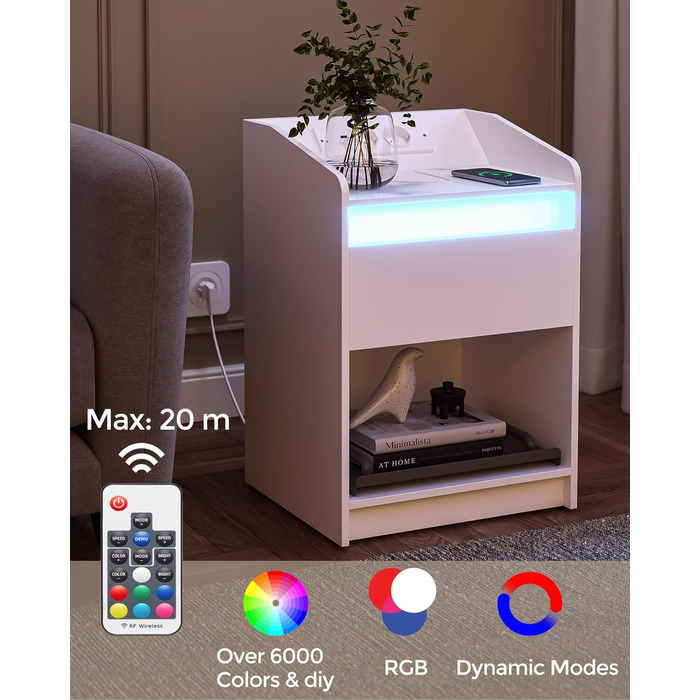Тумба приліжкова Hzuaneri з LED-підсвіткою, USB, розетками, шухлядою та відкритою полицею, біла, для спальні та вітальні