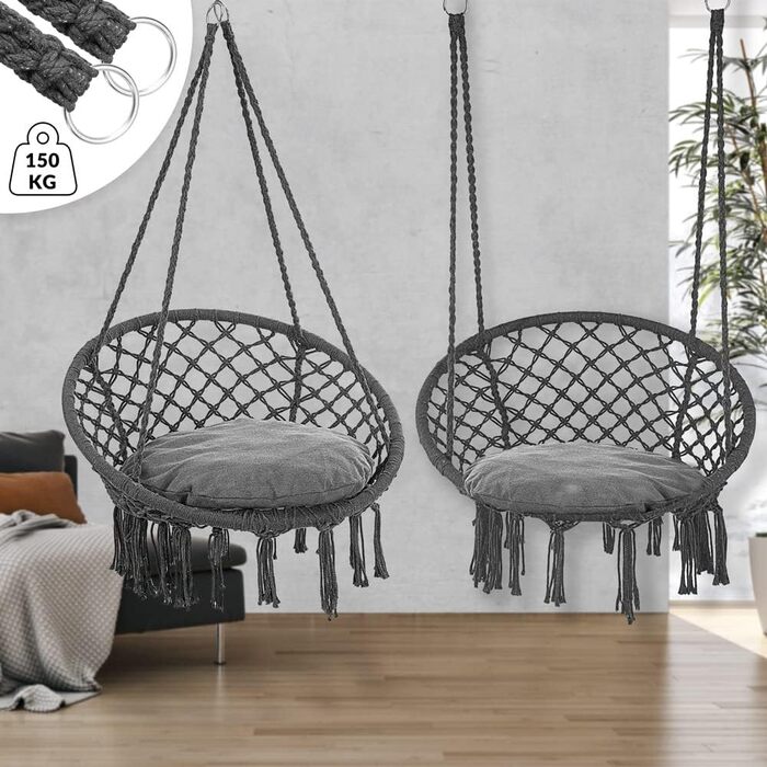 DETEX® Гамак-крісло підвісне до 150 кг, Boho стиль, стійке до погодних умов, сертифікат GS, для саду, 360° обертання, антрацит, для дому та вулиці, з зручною подушкою
