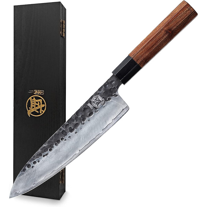 Японський ніж MITSUMOTO SAKARI Gyuto 22 см, ручка з рожевого дерева, сталь з високим вмістом вуглецю, в подарунковій коробці