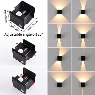 Стіна LED-світильник з датчиком руху 12W, водонепроникна зовнішня лампа IP65, тепле біле світло 3000K, регульований кут освітлення (вгору/вниз), чорний