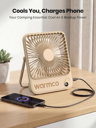 Вентилятор акумуляторний Warmco 10000mAh 21 см, до 24 год, пісочний бежевий: для офісу, спальні, подорожей