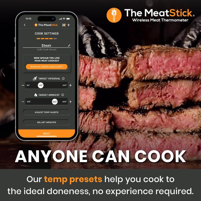 Термометр для м'яса MeatStick з додатком: бездротовий термометр для м'яса з радіусом дії 10 м, точний вимірювач температури до 300°C, термометр для гриля з датчиком 92 мм, з зарядним пристроєм Xtender