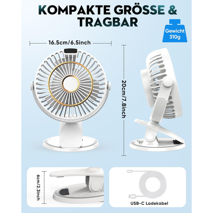 Портативний USB вентилятор COZII Mini з LED-дисплеєм, 5 швидкостей, 720° поворот. Для дому, офісу, дитячого візочка. Білий