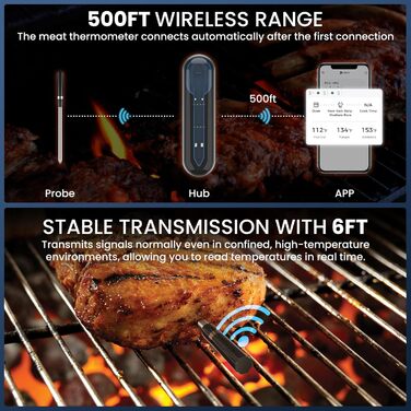Бездротовий термометр для м'яса для гриля та копчення, 500FT, Bluetooth, для BBQ, духовки, гриля, коптильні, Sous Vide - блакитний