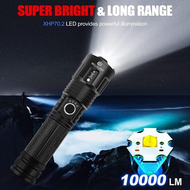 Ліхтарик LED акумуляторний 10000 люмен CREE XHP70.2, USB, тактичний, водонепроникний IP67, 5 режимів, для кемпінгу та туризму