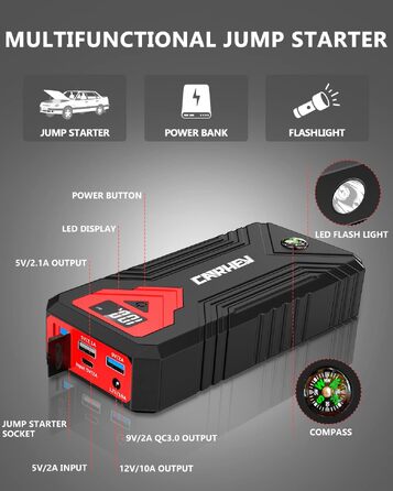 Бустер для авто CARHEV Jump Starter 3000A — Пусковий пристрій з LCD-дисплеєм для бензинових (до 8л) та дизельних (до 8л) двигунів, 12V Powerbank з USB швидкою зарядкою та LED-ліхтарем