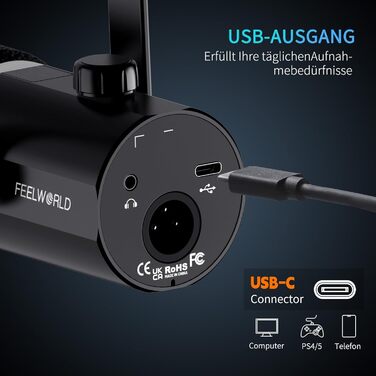 FEELWORLD PM1: Динамічний мікрофон XLR/USB з RGB-підсвіткою для подкастів, YouTube, геймінгу та студії. З навушником, підставкою та кабелем.