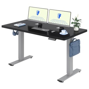 Регульований по висоті офісний стіл FlexiSpot Basic 140x80 см, білий стіл з чорно-сірим каркасом, з кабель-менеджментом та гачком