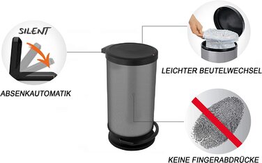 Смітник Rotho Paso 30 л з кришкою, пластик, BPA-free, колір carbon metallic